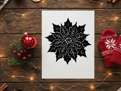 Black and white poinsettia flower illustration, linocut style Christmas botanical icon.