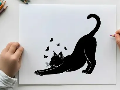 Black cat silhouette stretching towards butterflies on white background silhouette
