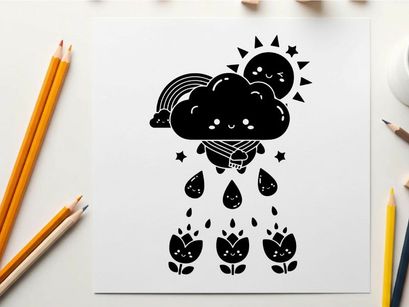 Silhouette of a smiling sun and cloud with rain and flowers
