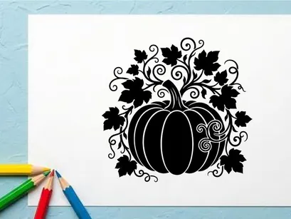 Decorative Halloween Pumpkin with Vines and Leaves