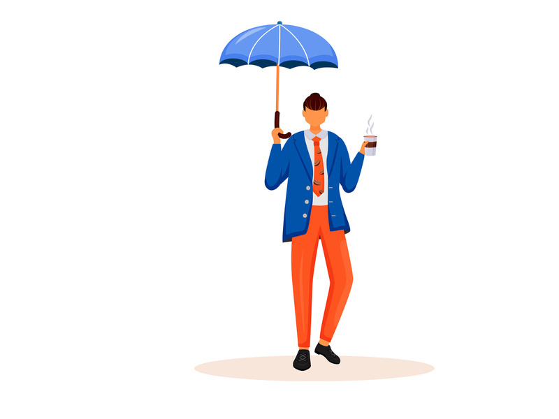 Businessman with umbrella flat color vector faceless character
