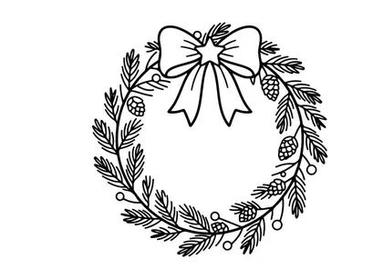 Christmas wreath line art drawing with pine cones and bow for holiday greeting card design