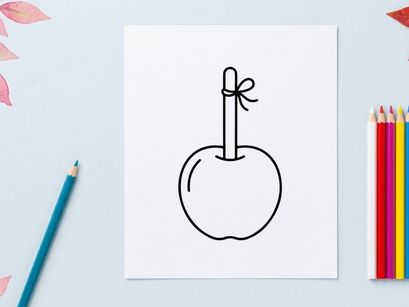 Hand-drawn apple illustration with stem and leaf. Simple fruit sketch for educational and design projects.