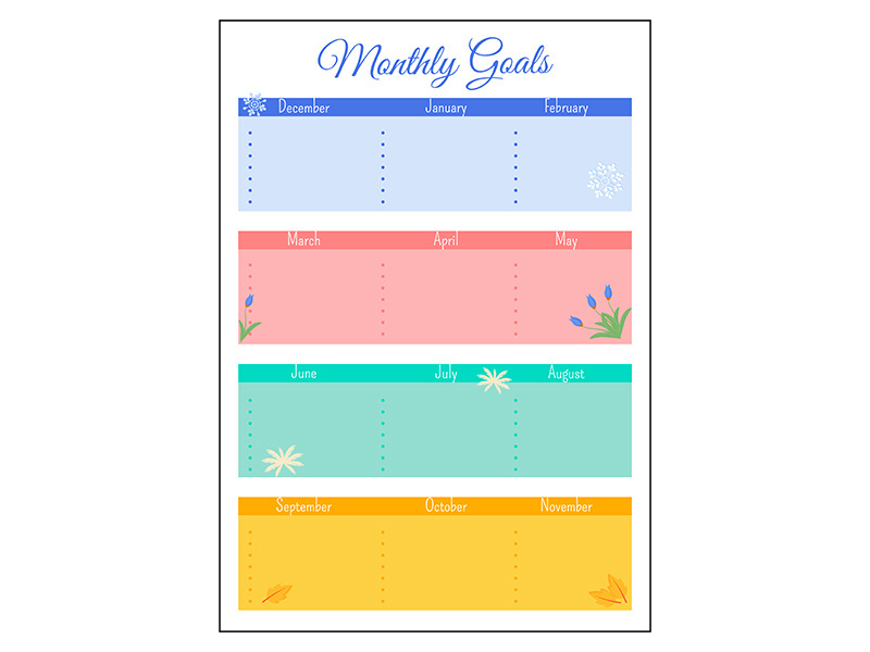 Monthly goals grid creative planner page design