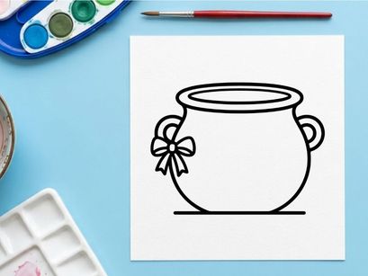 Icono de caldero de Halloween con un moño. Arte lineal de olla de bruja para proyectos de diseño festivo.