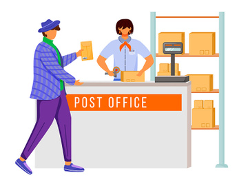 Post office female worker and customer flat color vector illustration preview picture