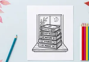 Hand-drawn cozy winter bookshelf illustration for festive holiday storytelling and relaxation