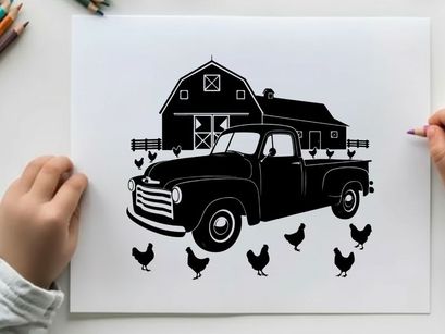 Silhouette of a vintage truck and chickens in front of a rustic barn