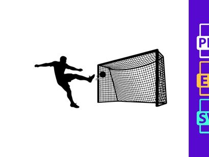 Soccer player kicking ball into goal net in action