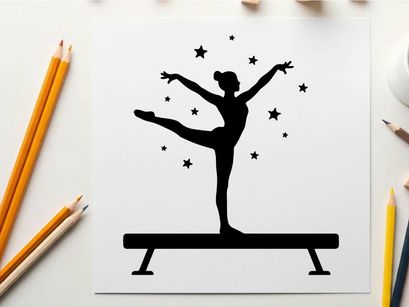 Silhouette of gymnast on balance beam with stars