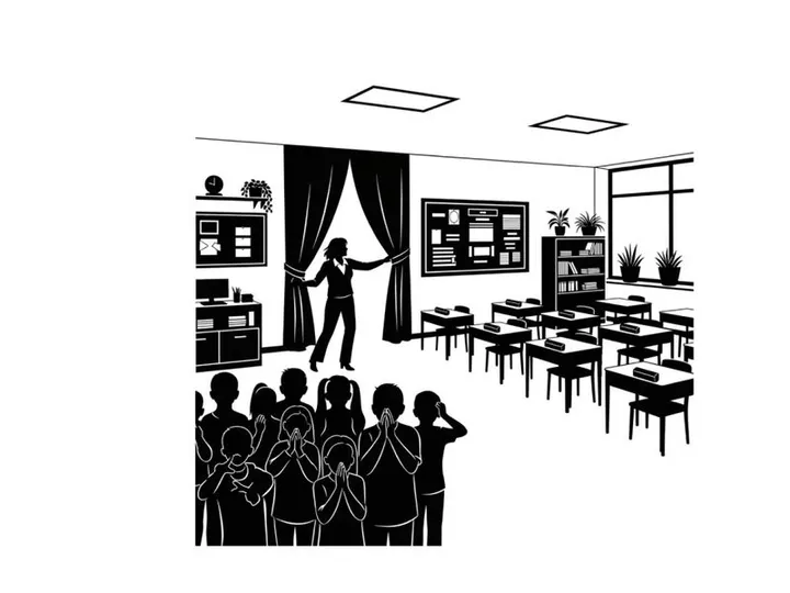 Silhouette of a teacher and students in a classroom setting with curtains
