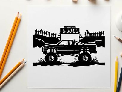 Truck silhouette racing on a track with a crowd and scoreboard