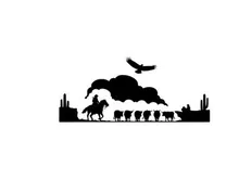 Western cowboy riding horse with sheep and eagle silhouette