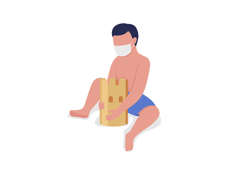 Boy with mask building sand castle semi flat color vector character