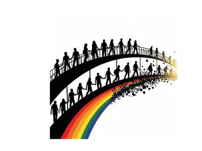 Silhouette of people walking on bridge over rainbow silhouette