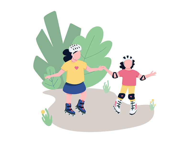 Friends roller skating in park flat color vector faceless characters
