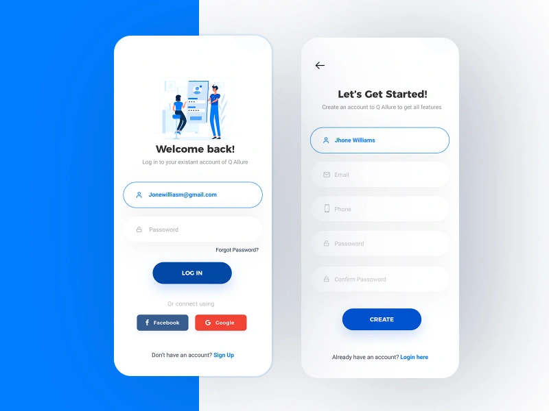 Ios and Android app login signup screen
