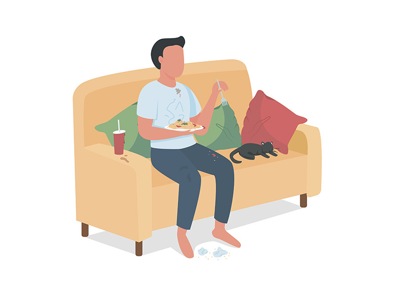 Careless male eating junk food on sofa semi flat color vector character