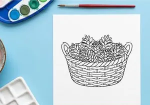 Line art illustration of a wicker basket filled with pine cones
