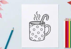 Steaming hot coffee in polka dot mug with candy cane stirrer for festive Christmas morning