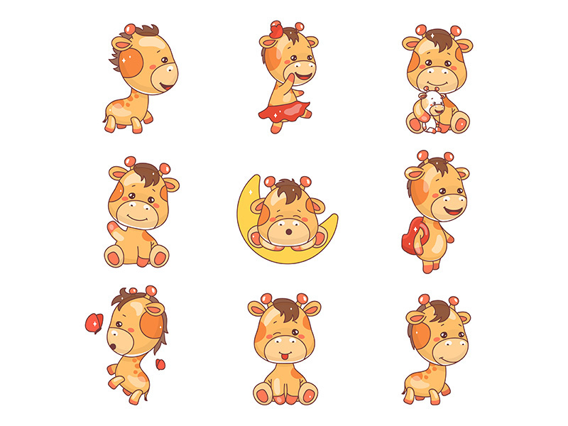 Cute giraffe kawaii cartoon vector characters set