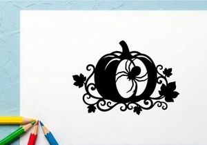 Silhouette of a pumpkin with a spider and decorative vines for Halloween