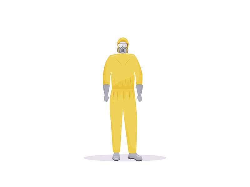 Person wearing protective suit with flasks flat color vector faceless character