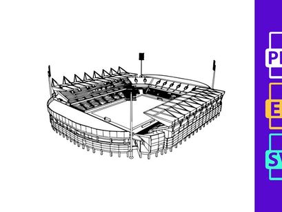 Black and white illustration of an empty sports stadium with seating and lighting