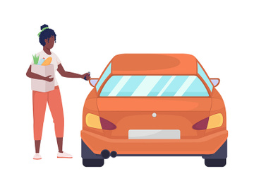 Woman with purchases opening car semi flat color vector character preview picture