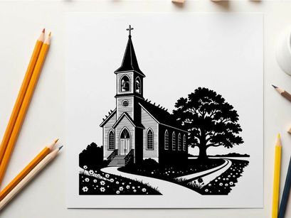 Black and white silhouette of a quaint church building