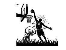 Silhouette of a basketball player dunking ball with crowd