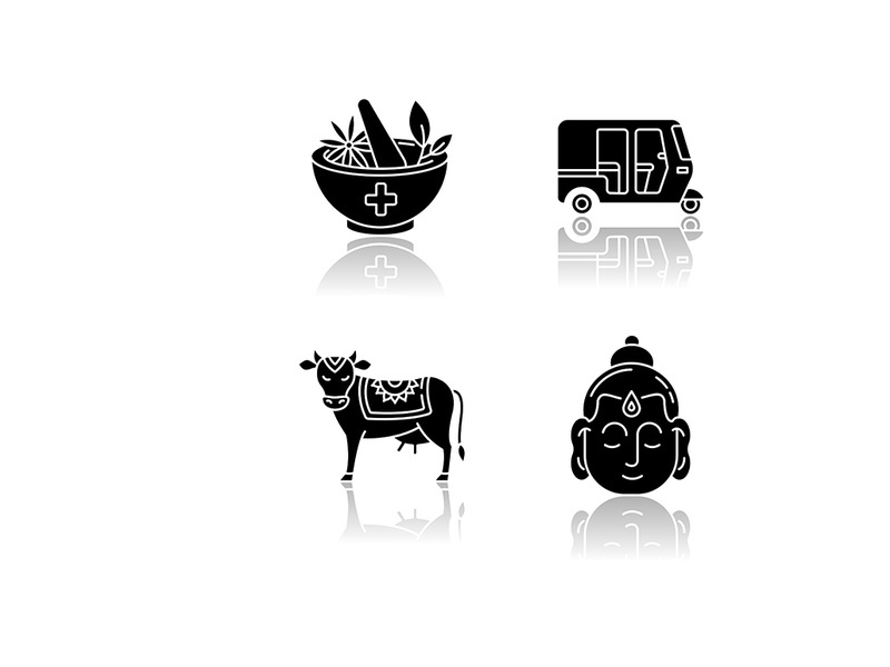 Indian culture drop shadow black glyph icons set