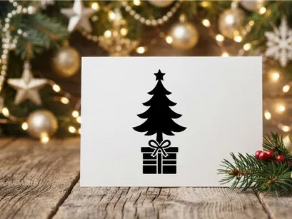 Black Christmas tree icon with gift box silhouette for holiday design and festive graphics