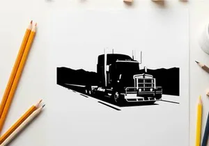 Silhouette of a semi truck on the highway at night