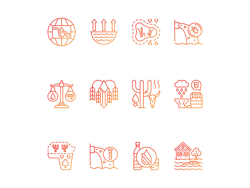 Global water crisis gradient linear vector icons set