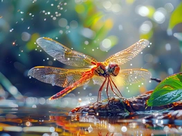 A delicate dragonfly rests on water amidst a mystical, sunlit setting preview picture