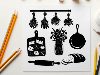 Silhouette of kitchen utensils and herbs on a rack