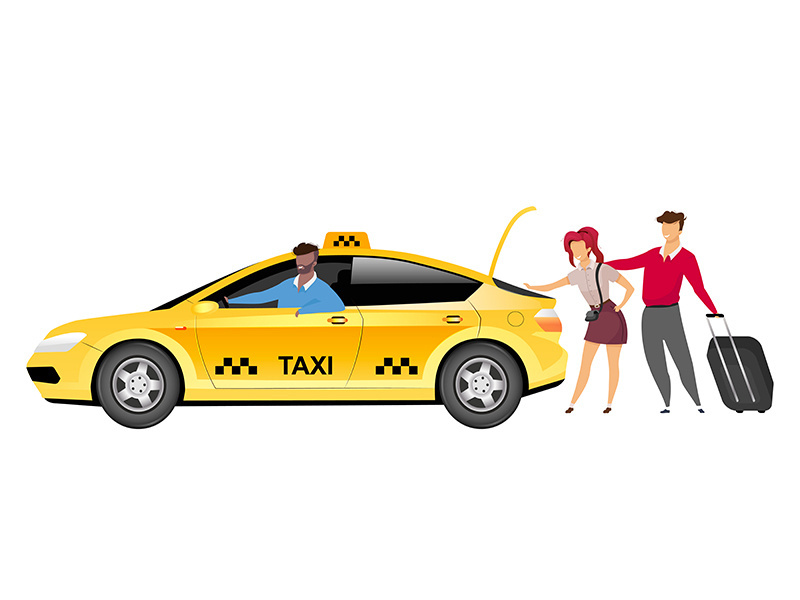 Taxi driver with clients flat color vector faceless characters