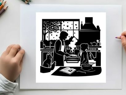 Silhouette of a mother and child in the kitchen with a cat