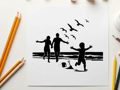 Family silhouette running on beach with seagulls flying overhead