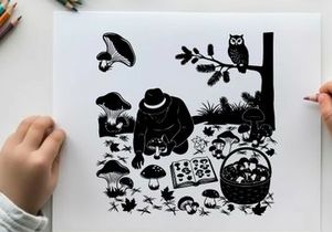 Silhouette of a person foraging for mushrooms in a forest with an owl