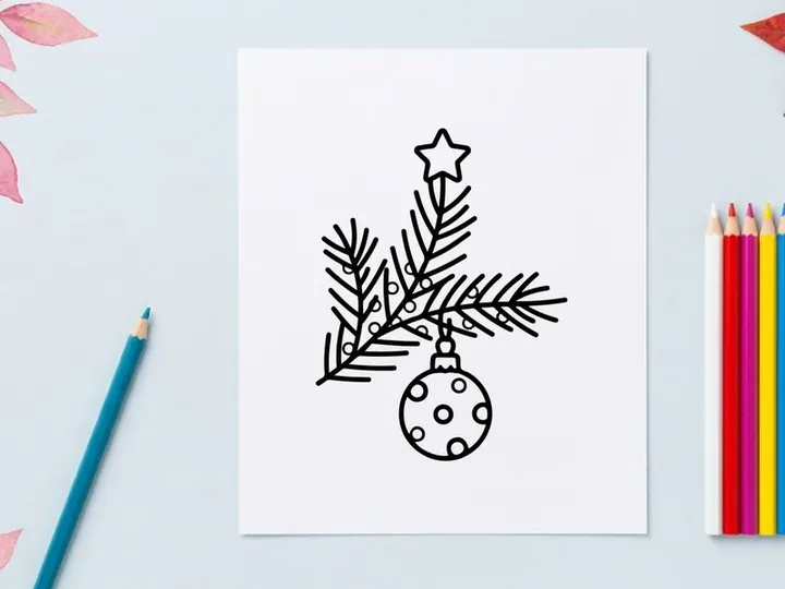Christmas tree branch with hanging bauble ornament and star icon line art illustration