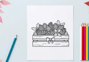 Hand-drawn Christmas gift box with white poinsettia flowers and blue ribbon bow illustration