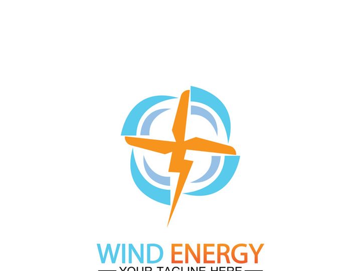 Wind energy logo. renewable energy icon with wind turbines and thunder bolt isolated on white background