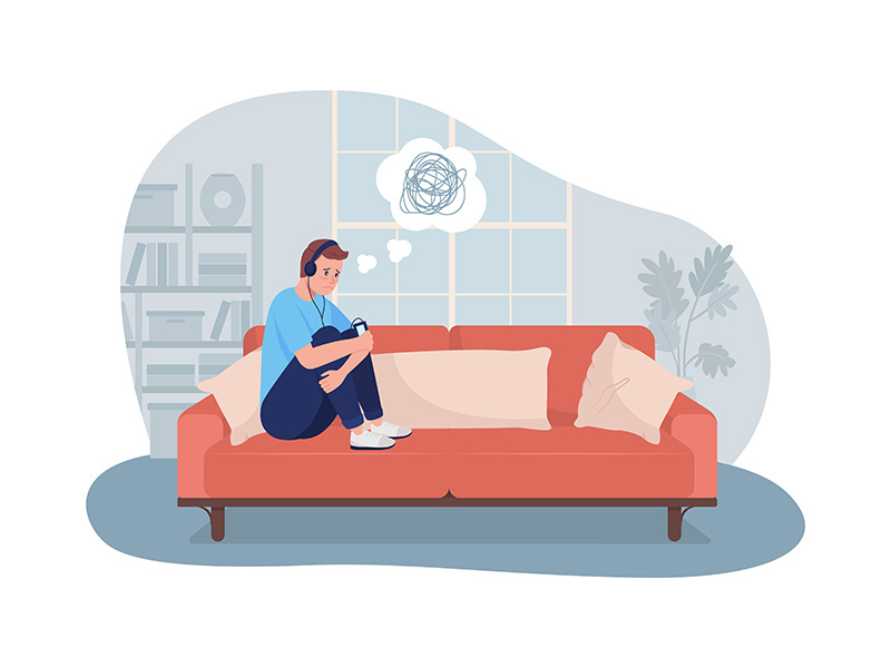 Sad lonely teen boy at home 2D vector isolated illustration