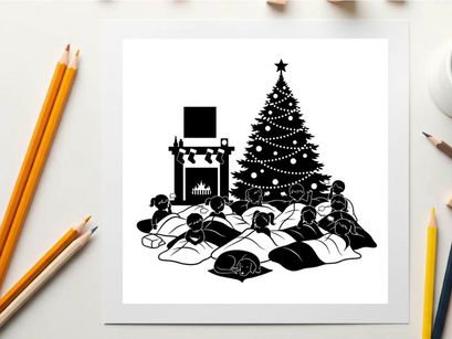 Christmas silhouette of children sleeping near tree and fireplace