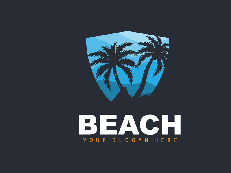 Coconut Tree Logo With Beach Atmosphere, Beach Plant Vector, Sunset View Design