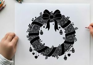 Black and white silhouette christmas wreath with bow and ornaments