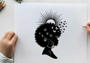 Silhouette of a woman with afro and sun rays