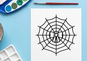 Black and white spider web with Halloween spider icon. Minimalist vector Halloween decoration for spooky seasonal design.